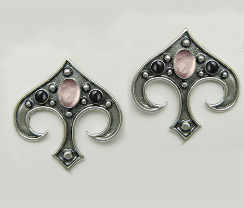 Sterling Silver Gothic Inspired Drop Dangle Earrings With Rose Quartz And Black Onyx